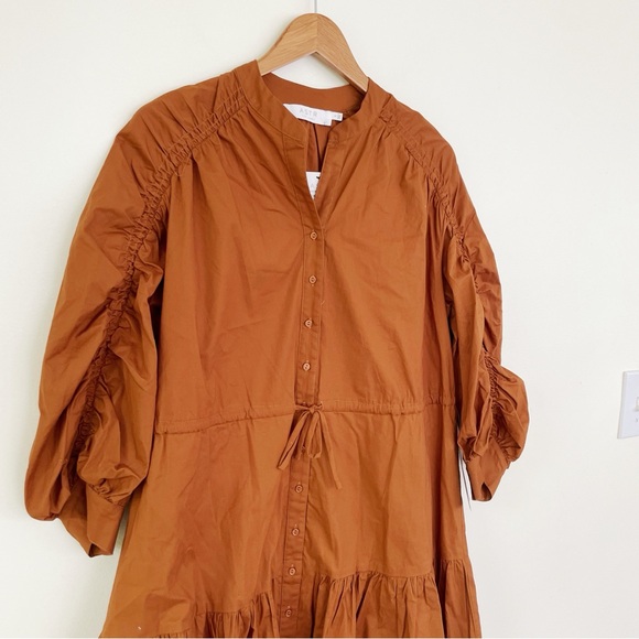 NWT ASTR The Label Ruched Flounce Shirtdress Long Sleeve Buttoned Cognac S Small - Picture 5 of 10